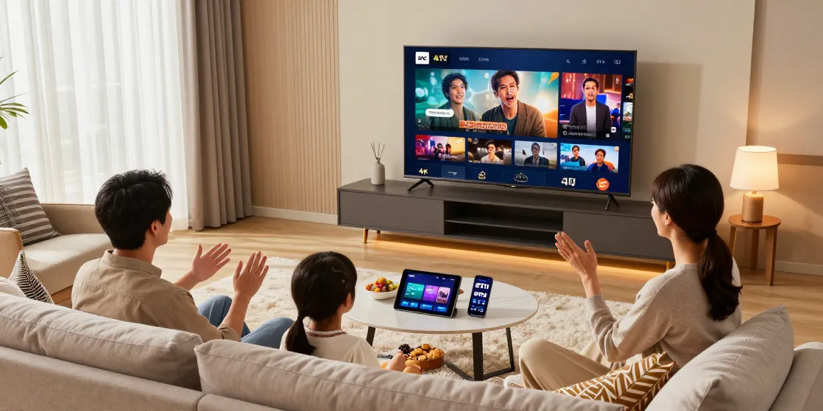 Family enjoying IPTV nederland - iptv abonnement in a cozy living room, displaying vibrant 4K content on TV.