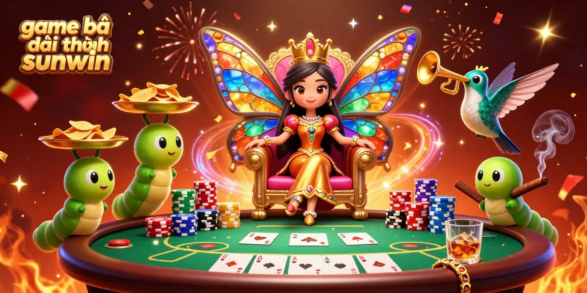 Engage with game bài đổi thưởng sunwin in a vibrant casino atmosphere featuring a butterfly queen, poker elements, and celebratory visuals.