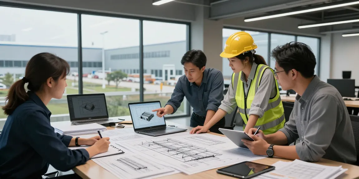 Engineering team collaborating on pre-engineered buildings at dpconsteel.in in a modern office environment.