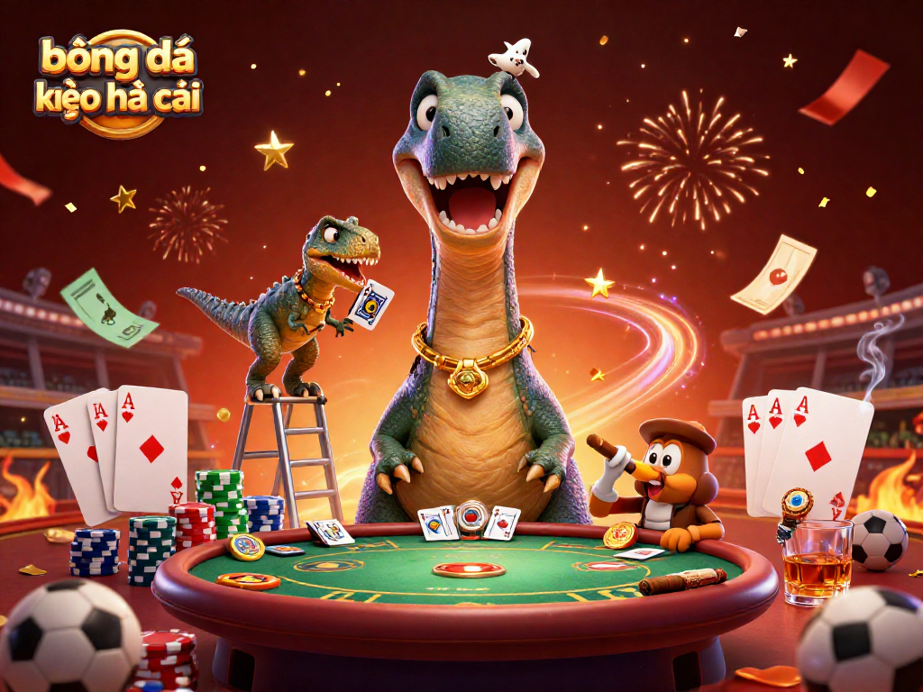bóng đá kèo nhà cái captures a vibrant sports betting scene with a dinosaur and raptor.