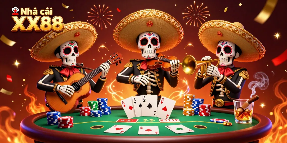 Engage in action with Nhà cái XX88's vibrant mariachi characters around a packed poker table.