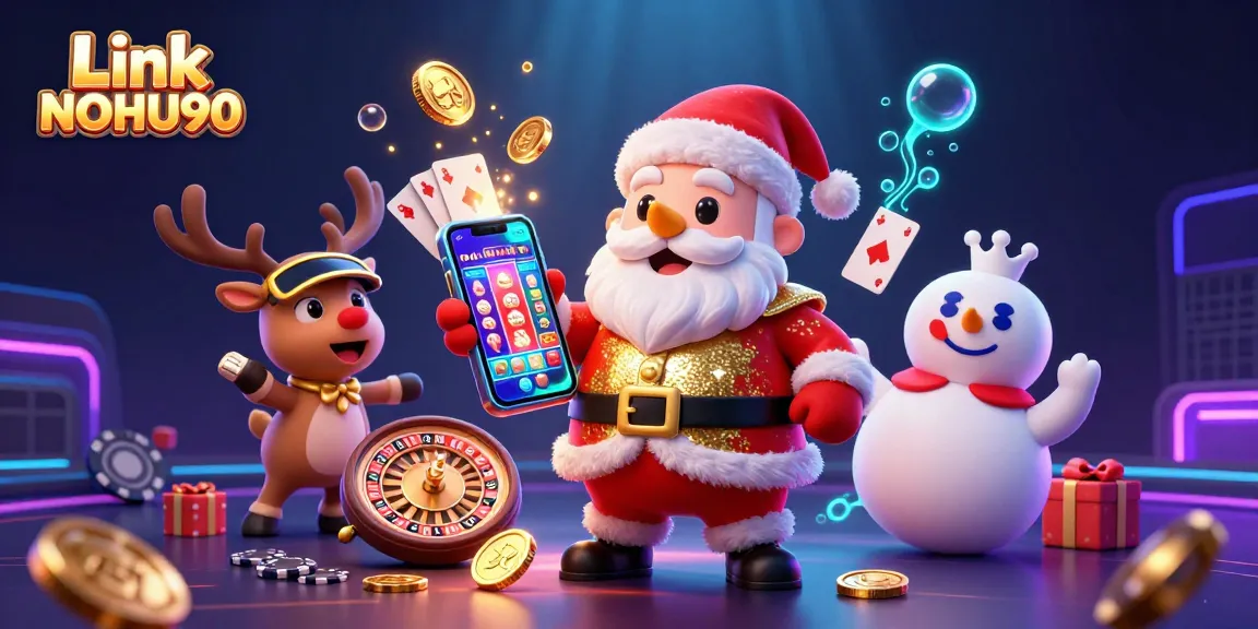 Experience the excitement of Link NOHU90 with Santa and friends in a casino-themed 3D illustration.