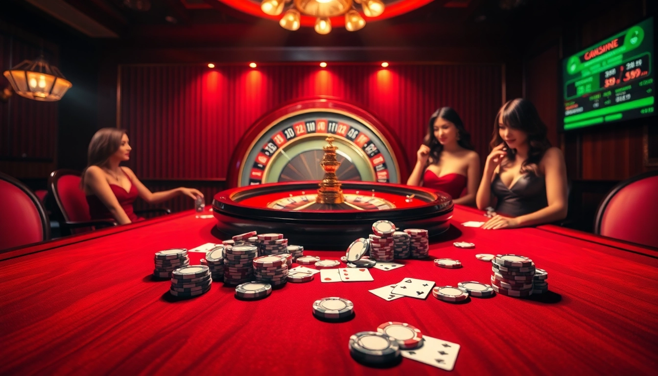 Experience thrilling gameplay at pg88's luxurious casino with poker chips and a spinning roulette wheel.
