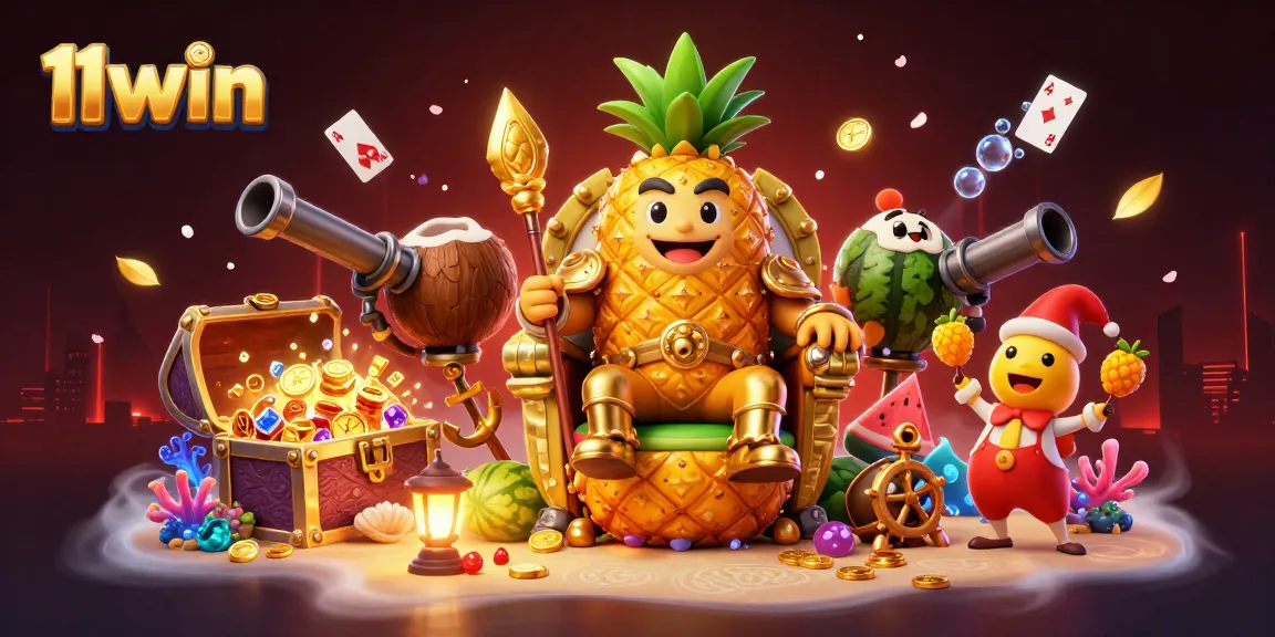 Experience the excitement of 11win with the tropical casino king surrounded by treasures.
