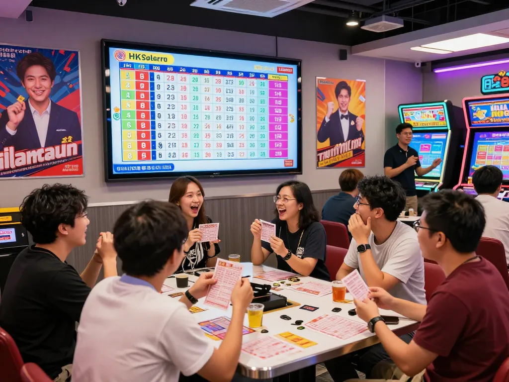 Pemain antusias merayakan hasil lotere HK di lounge permainan yang meriah.