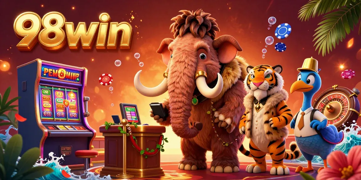 Experience the fun at 98win's vibrant casino with a woolly mammoth bouncer and lively game elements.