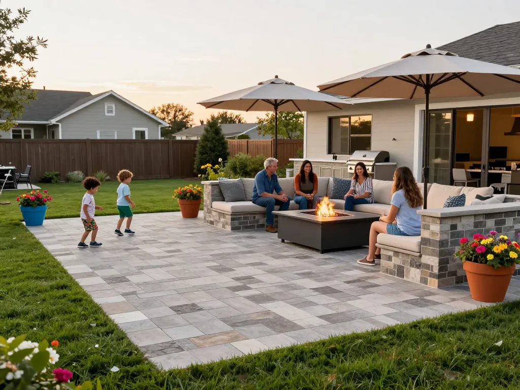 Paver patio near me with family enjoying outdoor space featuring elegant fire pit and seating walls.