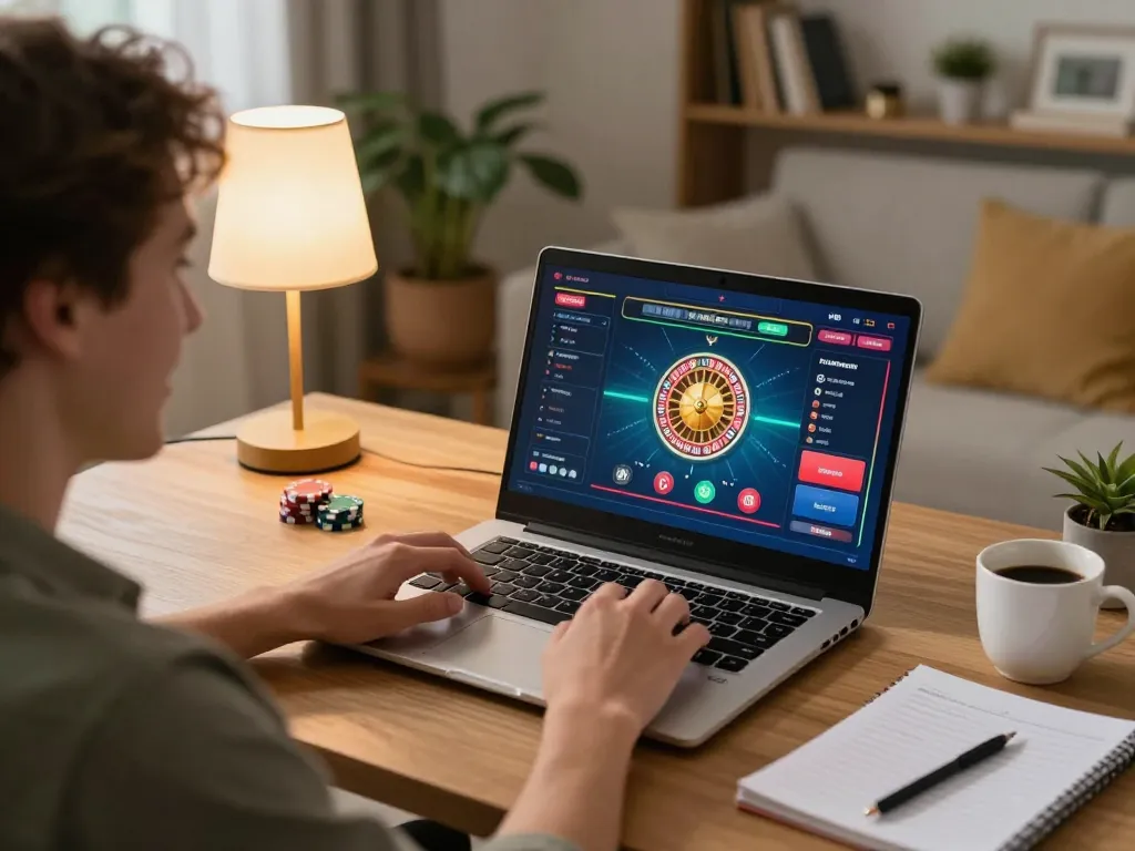 Player enjoying an exciting live casino game at home with laptop, engaging in lv 88 gaming strategy
