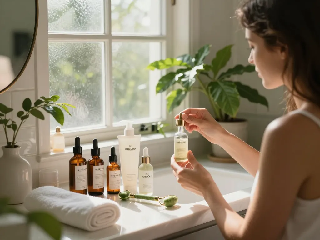 Using Uni&Core USA skincare products in a tranquil spa-like bathroom setting.