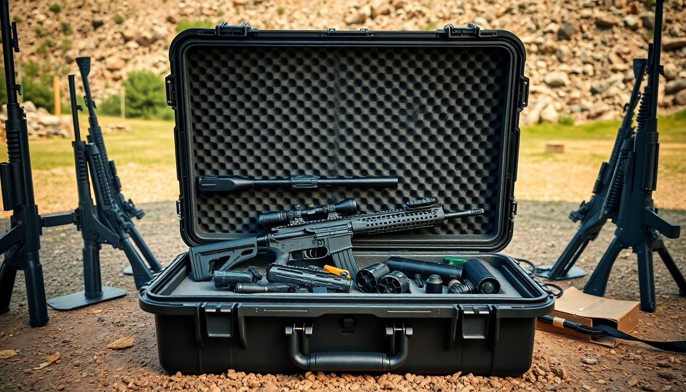 Shop Pelican gun case for sale displaying rifles and accessories in a vibrant outdoor setting.
