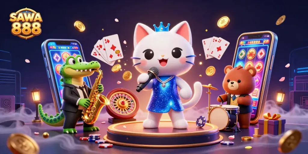 Swing into action with SAWA 888 vibrant casino scene featuring animated singing cat and saxophone crocodile.