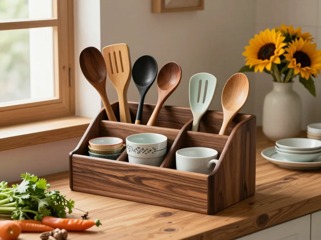Sophisticated Japanese style dark oak wood utensil organizer displayed with vibrant kitchen utensils, creating an inviting cooking environment.