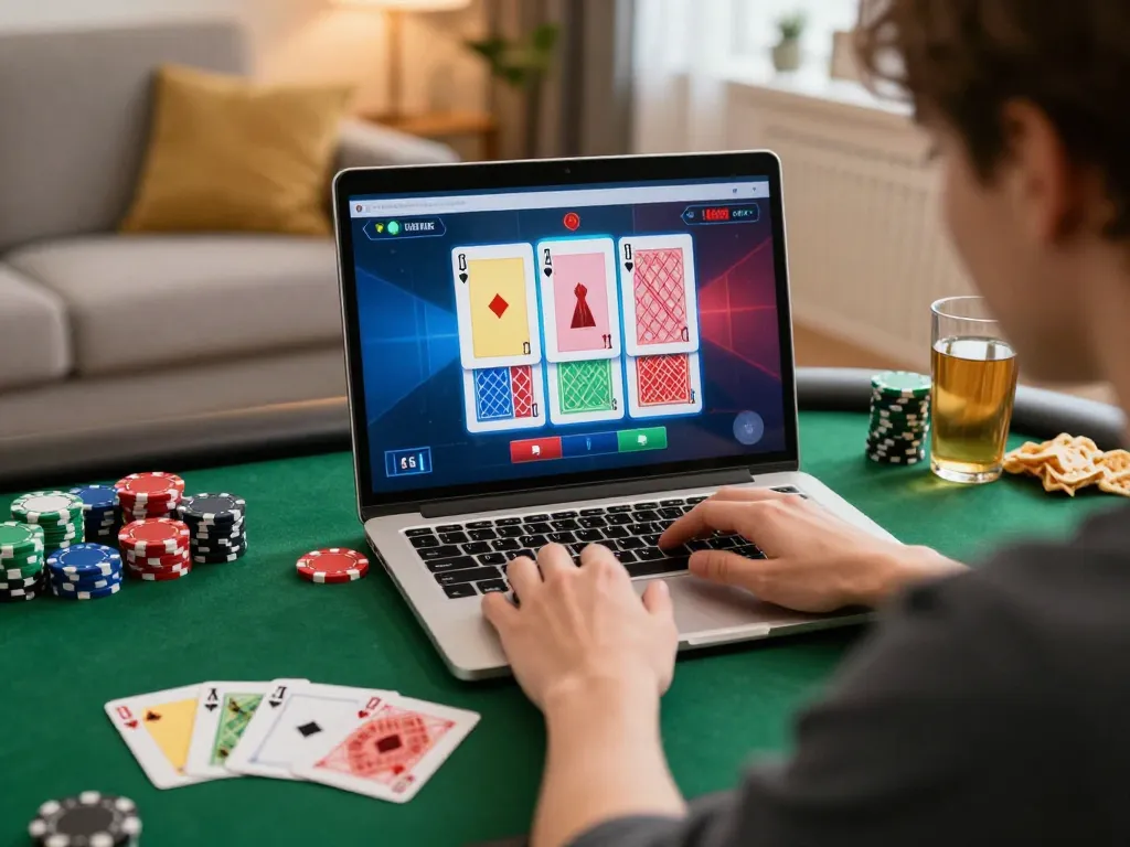 Engaging poker gameplay on a laptop highlights 88xeng's exciting online casino activities