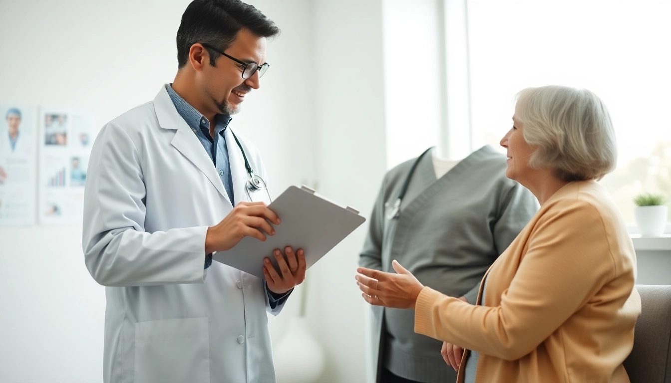 Patient receiving guidance on Tirzepatide from a healthcare professional in a clinical setting.