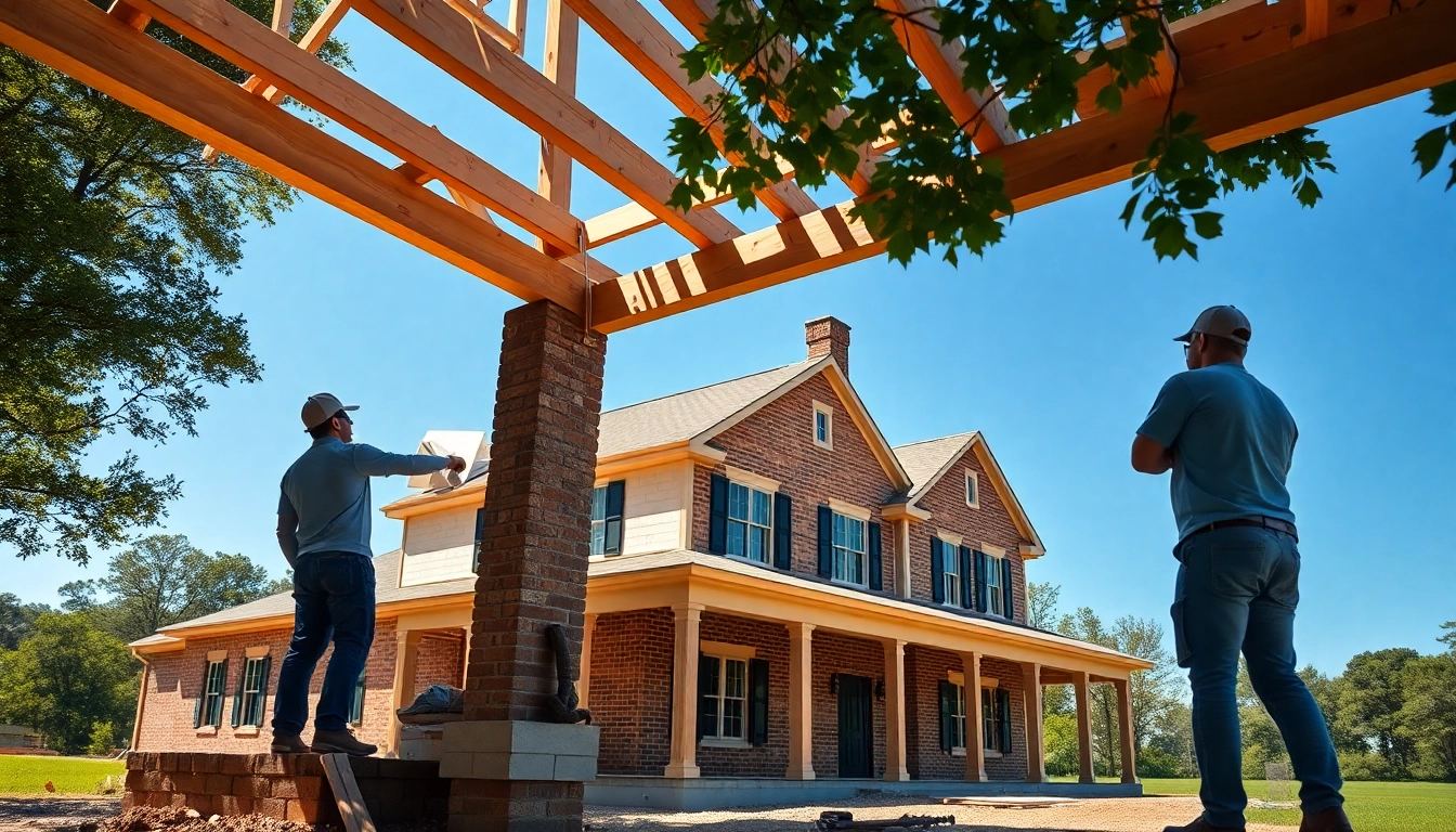 Colonial home construction showcasing skilled craftsmen and traditional materials in a serene setting.