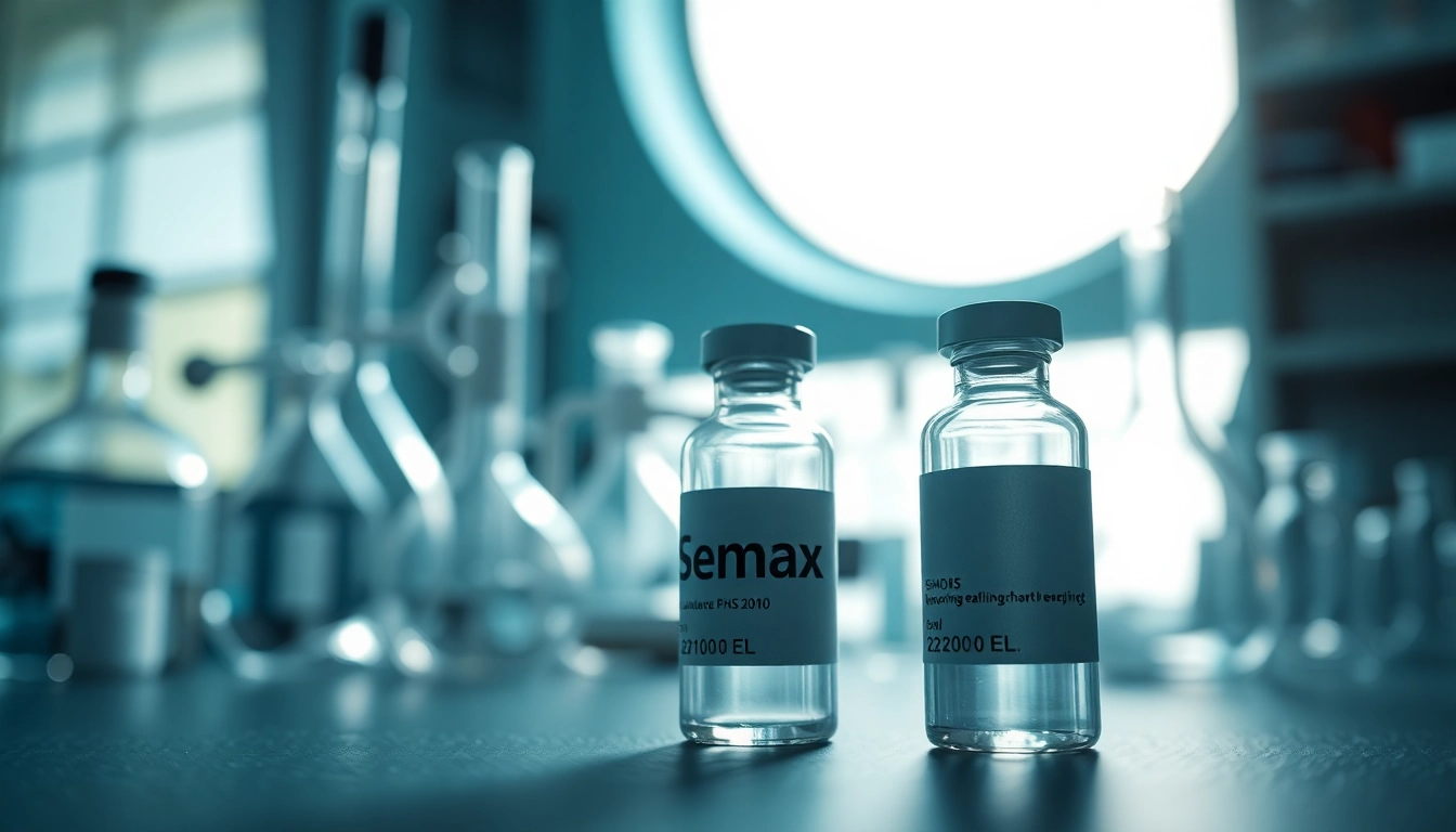 Researching Semax in a scientific laboratory with equipment and a glass vial.