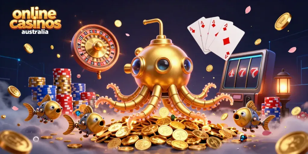 Experience the excitement of online casinos Australia within a vibrant 3D illustration showcasing a golden kraken submarine surrounded by coins and gaming elements.