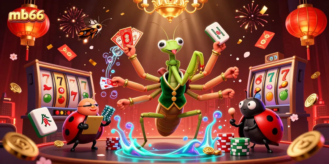 Engage with mb66 through a lively casino illustration showcasing a praying mantis dealer and vibrant gaming elements.