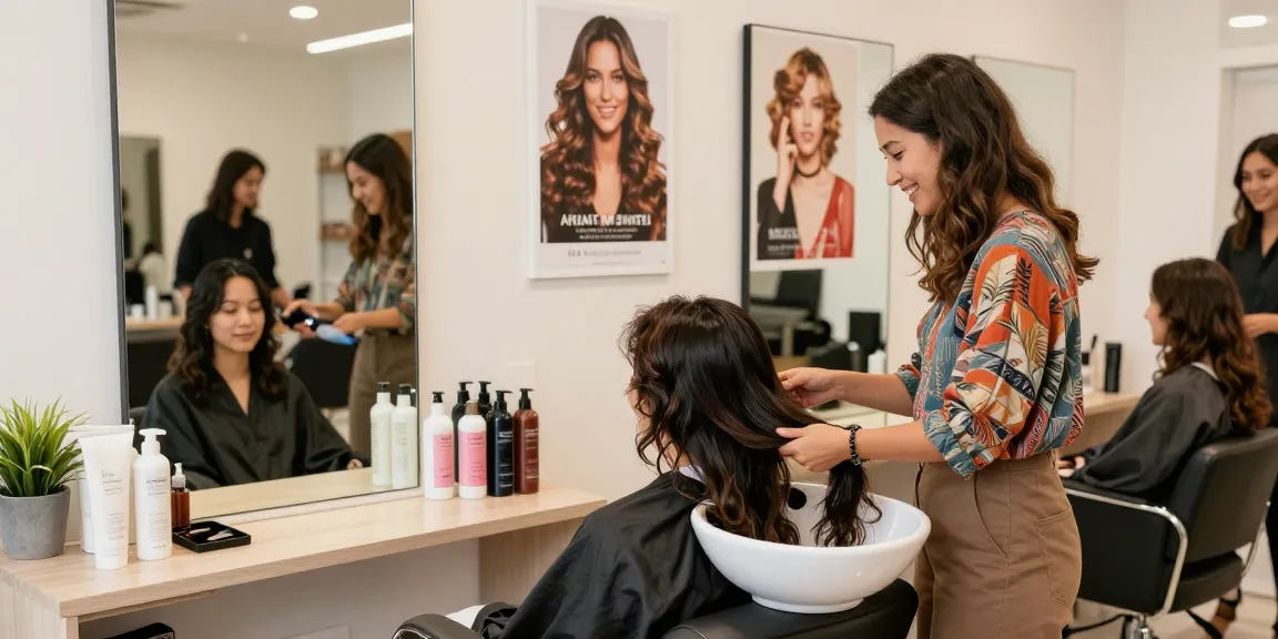 Hair style trend showcased in a vibrant salon with the stylist applying treatment to a client, reflecting modern beauty.