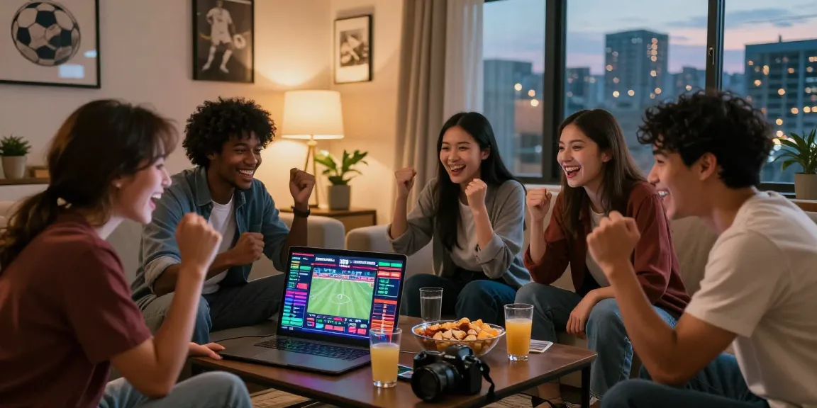 Friends enjoying online betting with https://zlot.mx/ during a live sports match, vibrant living room atmosphere.