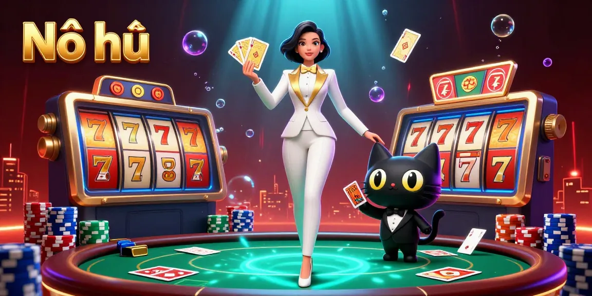 Nổ hũ game scene with a glamorous woman and a cat, showcasing vibrant slot elements and poker chips.