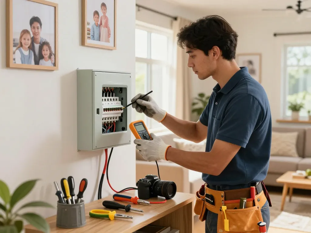 Professional electrician assessing electrical installation in a cozy home environment.