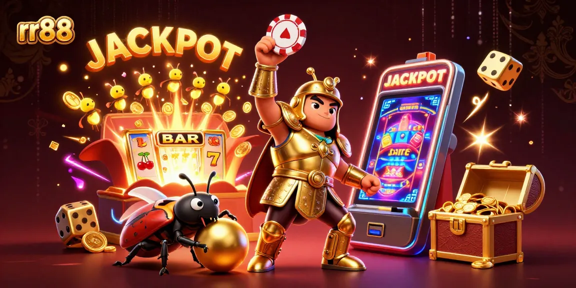rr88 champions with a heroic beetle and a jackpot explosion in this colorful casino scene