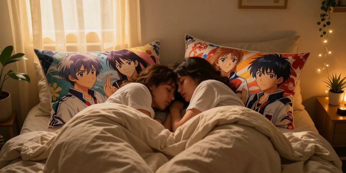 Snuggling with custom body pillows featuring vibrant anime prints in a cozy bedroom.