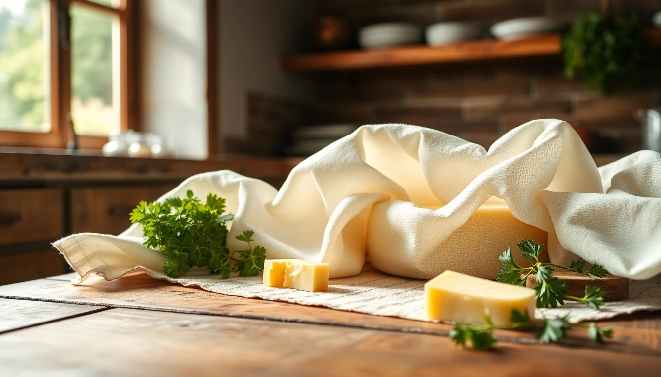 Kaasdoek met harmonieus gestapeld kaas en kruiden, schitterend op een rustieke tafel.