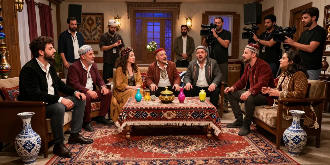 مسلسل، مسلسلات تركية، مسلسلات عربية set with actors filmed in traditional costumes, showcasing vibrant Turkish drama.