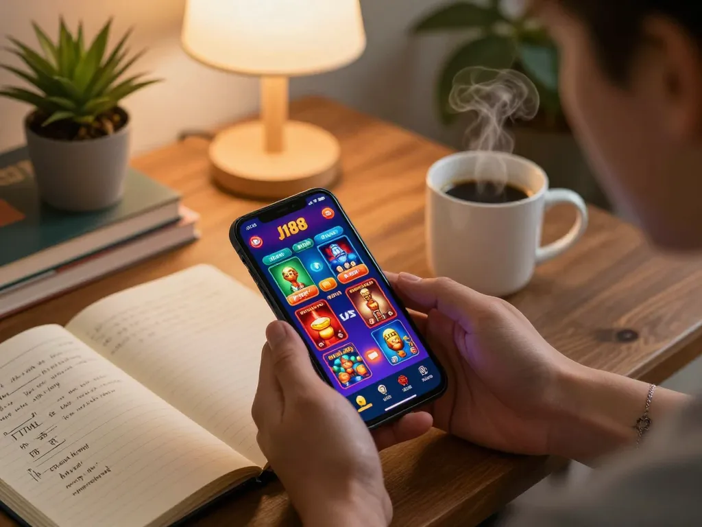 Engage with exciting j188 casino games on a smartphone in a cozy home setting.