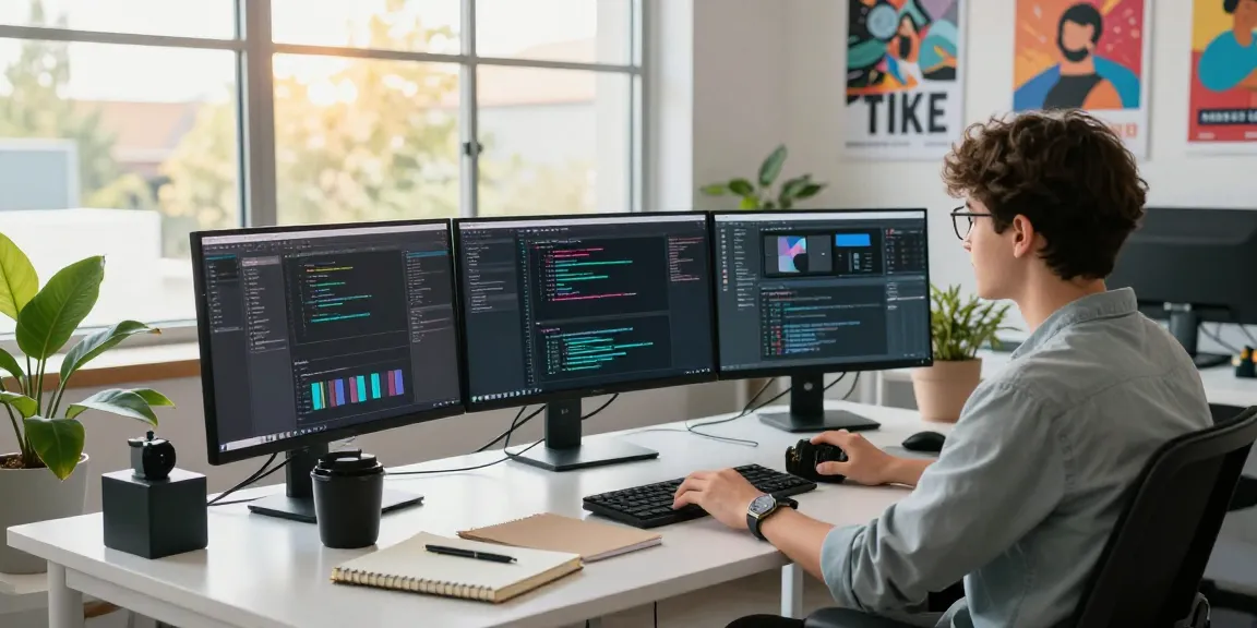 Dynamic tech workspace showcasing dejny.eu's creative development environment with screens and design elements.