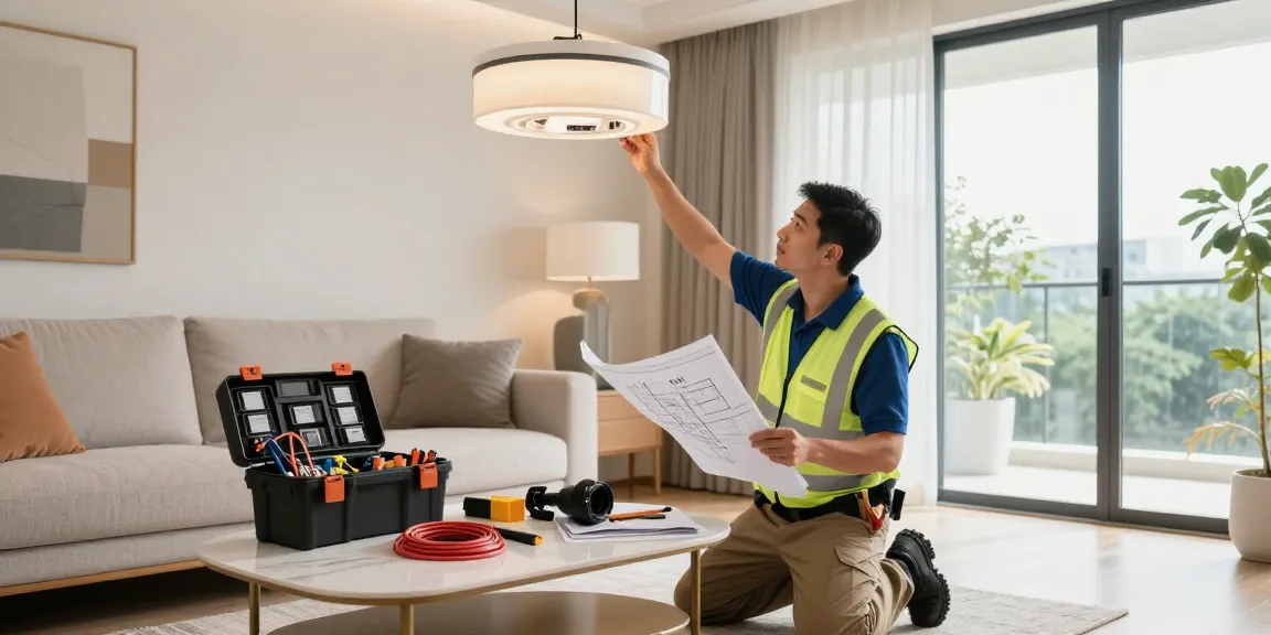 Electrician in Singapore installing a modern light fixture at home with professionalism and precision.