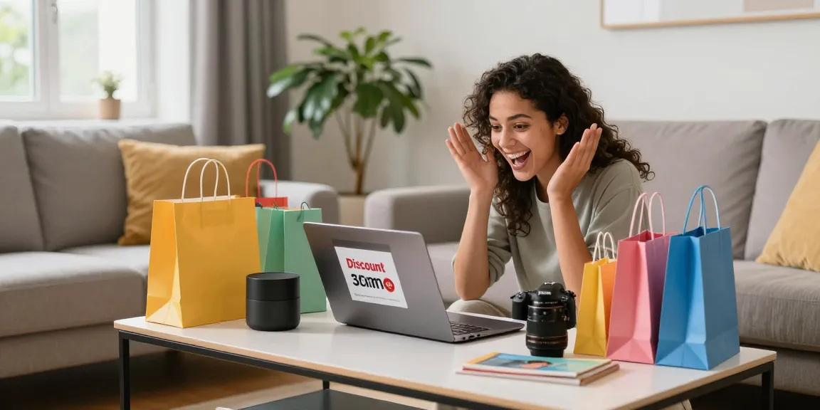 Woman enjoying discount code website in netherlands filled with shopping excitement.