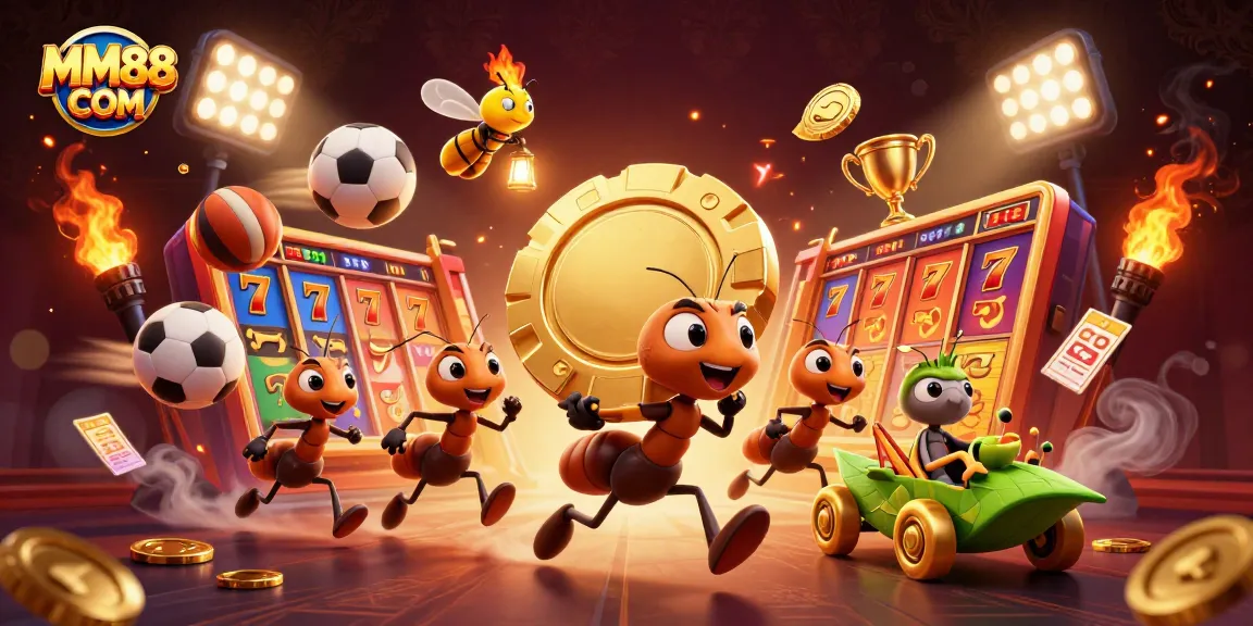 Experience the thrill of gaming with MM88 COM as ants execute a heist with a giant poker chip.