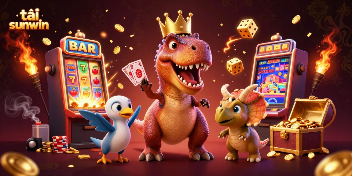 Engage in thrilling gameplay with tải sunwin while T-Rex shuffles cards and a baby triceratops stacks golden chips.