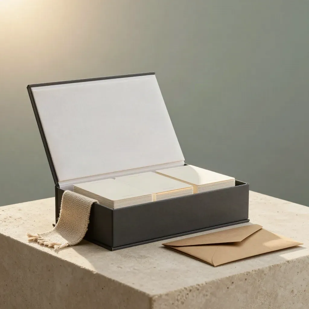 Hero folio box with concept cards, acetate dividers, linen swatch and kraft envelope on a stone plinth.