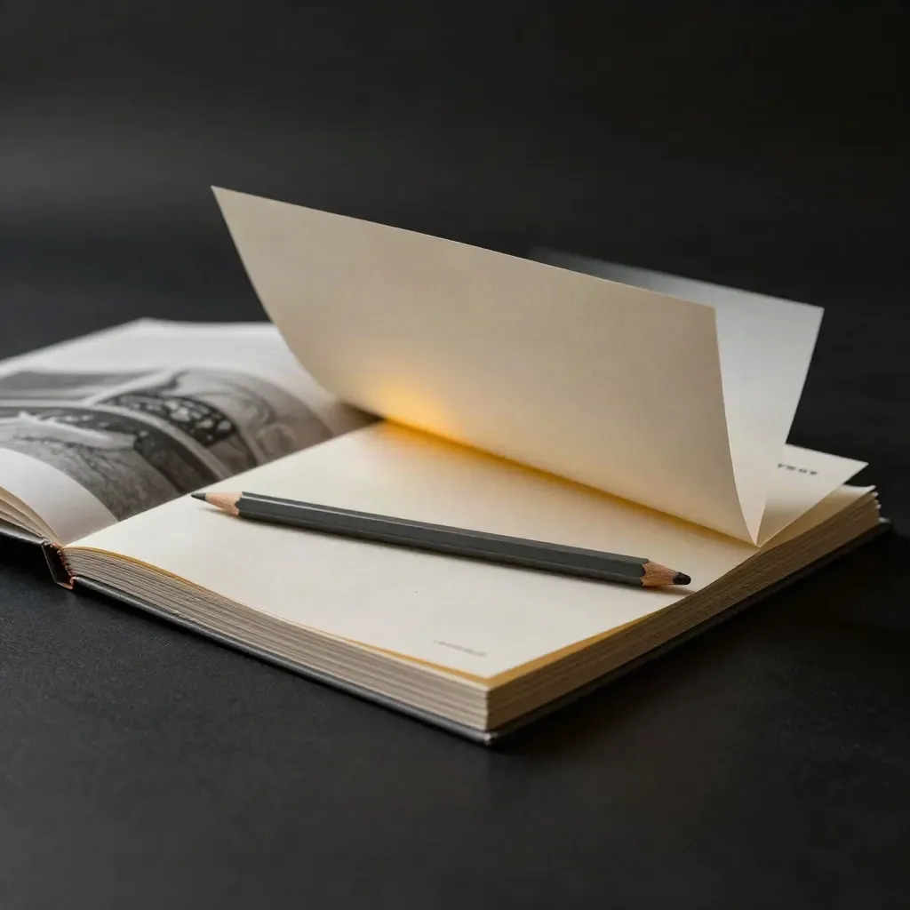Copy packet tipped on matte-black surface with proofs, a pencil, and a yellow paper band
