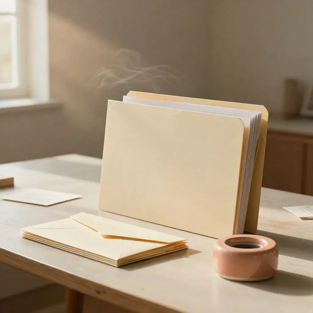 Cream copy pack folder, proof sheets, envelopes and coral paperweight on a pale table.