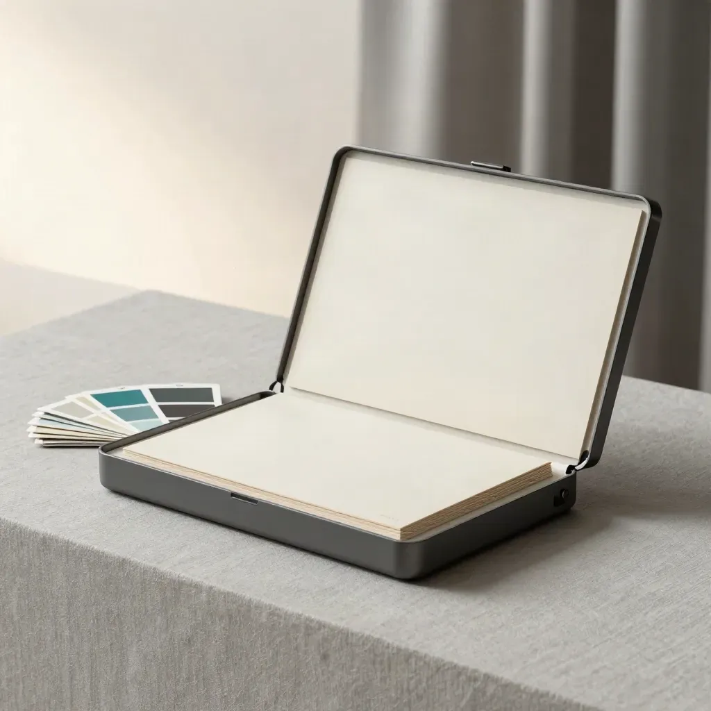 Open startup brand kit case with swatch cards and color chips on ash-grey linen