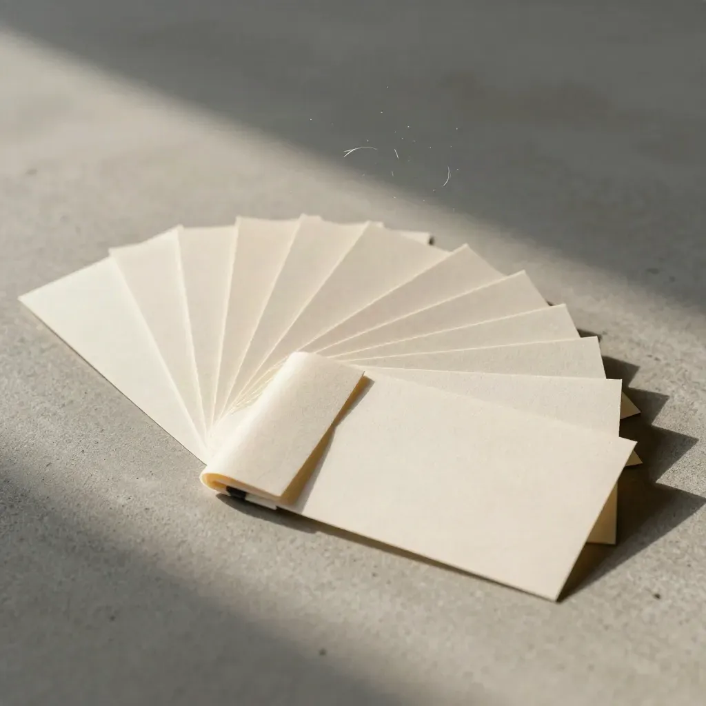 Overhead flatlay of blank cue cards, paper bands and a graphite stub on pale concrete.