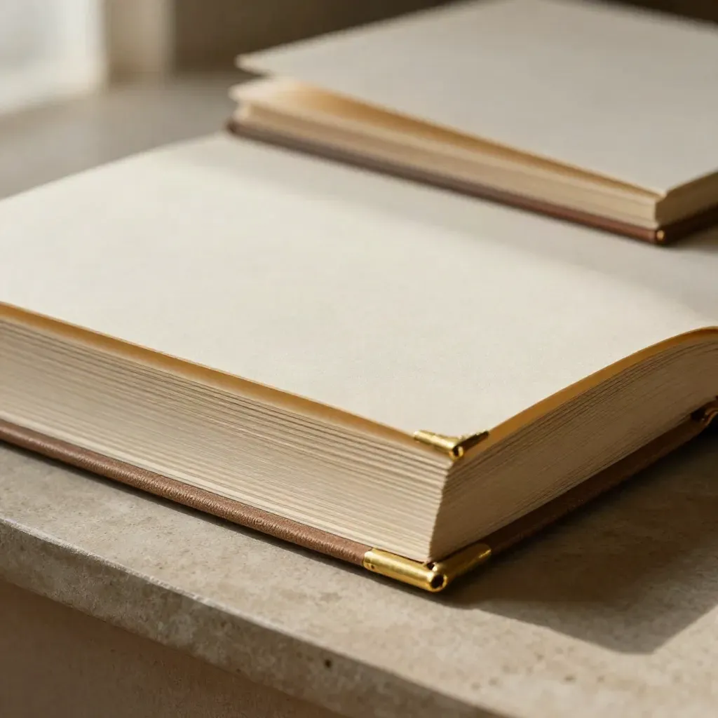 Close-up of an unbranded presentation folio with linen spine and brass corners.