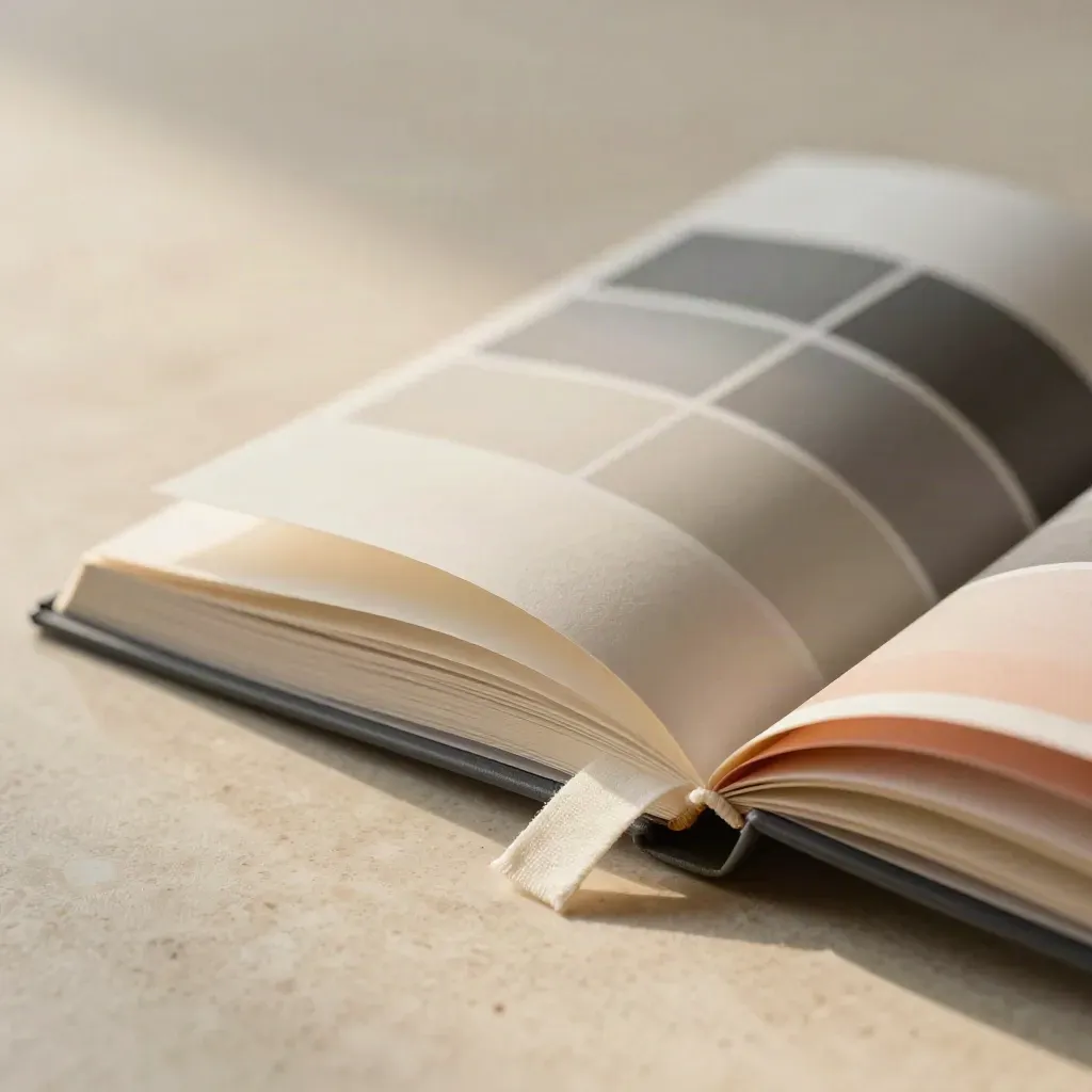 Half-open brand voice guide booklet with bookmark, swatches, and pen cap on travertine.