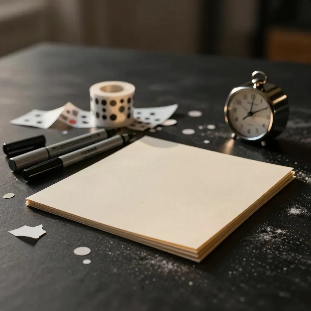 Workshop kit with blank tent cards, pens, sticker dots and timer on a dark studio table.