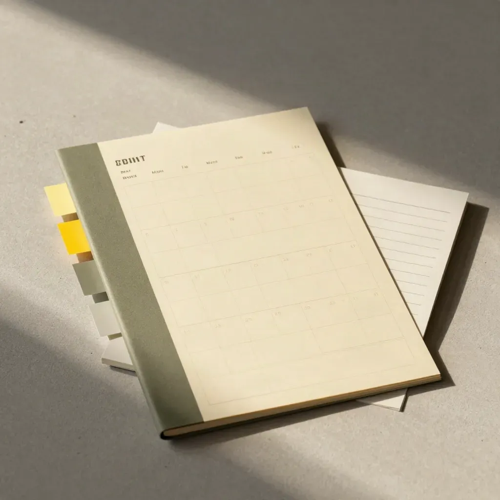 Overhead flatlay of a month-long content plan packet with tabs, calendar cards and clipped notes.