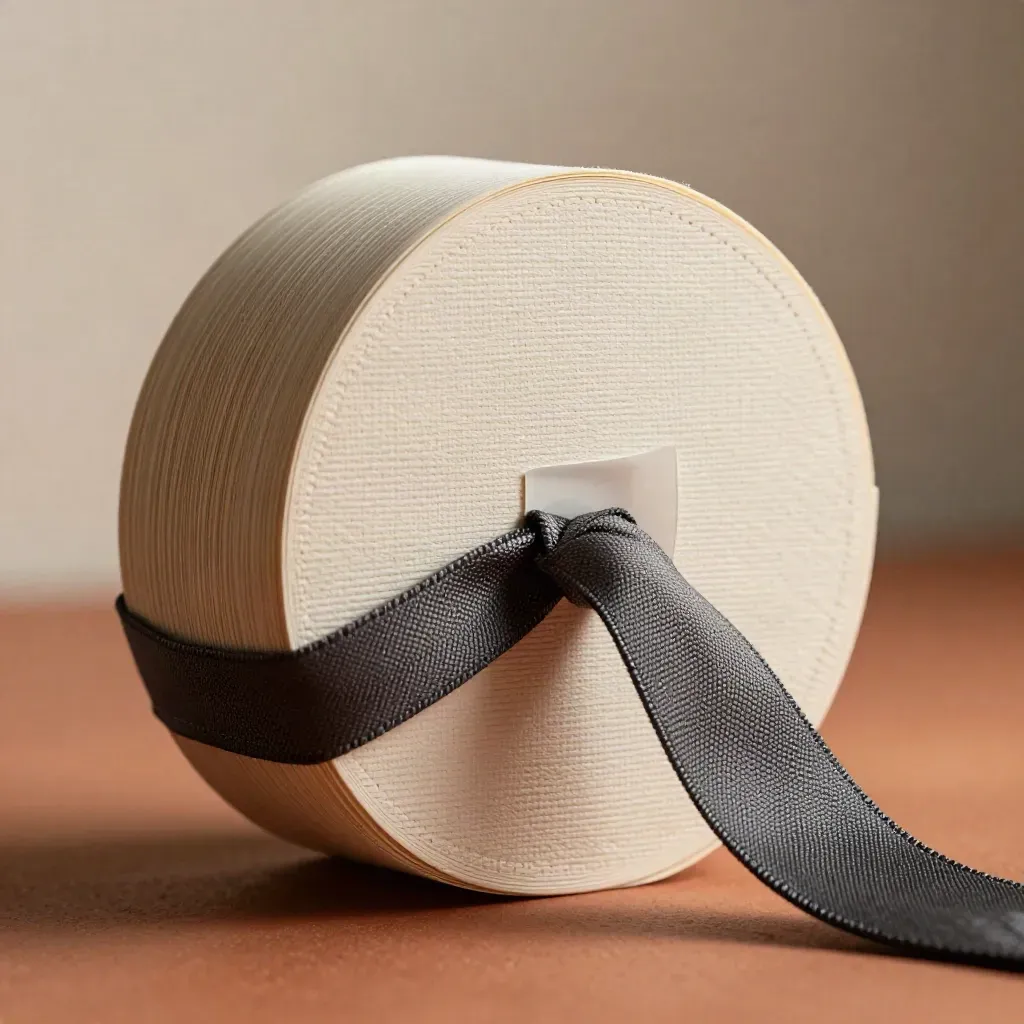 Macro of a slim sleeve with stacked cards, ribbon tie and translucent divider on terracotta