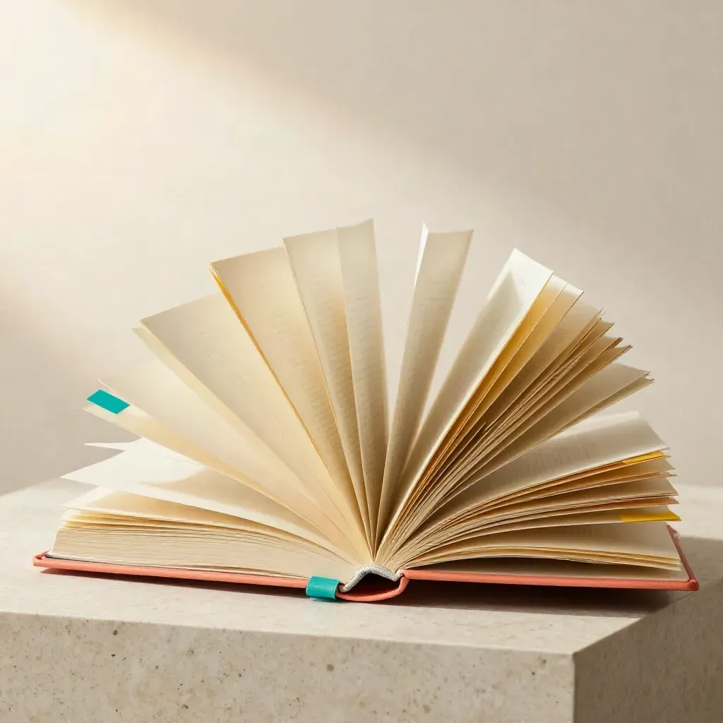 A kinetic brand voice binder with coral dividers, teal tabs, and fanned workshop pages on pale stone.