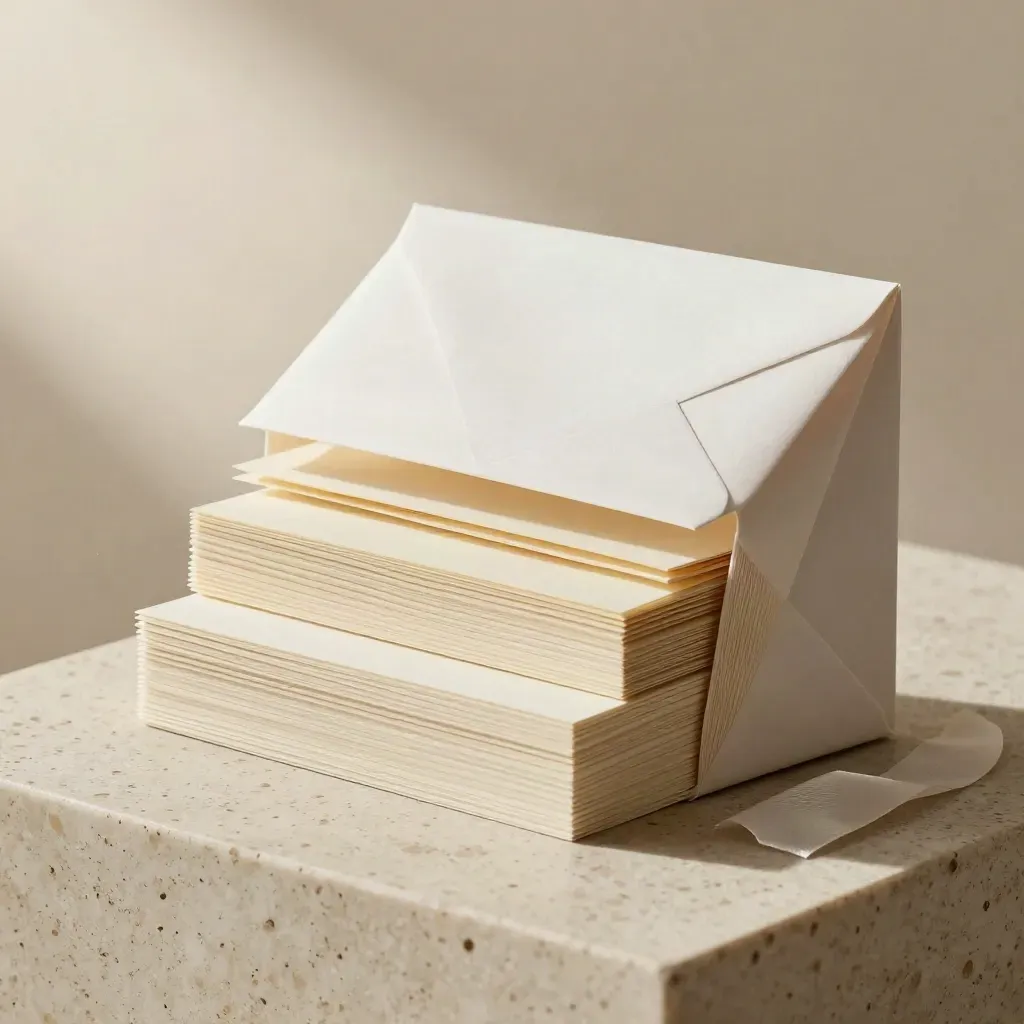 Macro of a tagline lab pack in a soft sleeve with sample cards and paper chips on travertine.