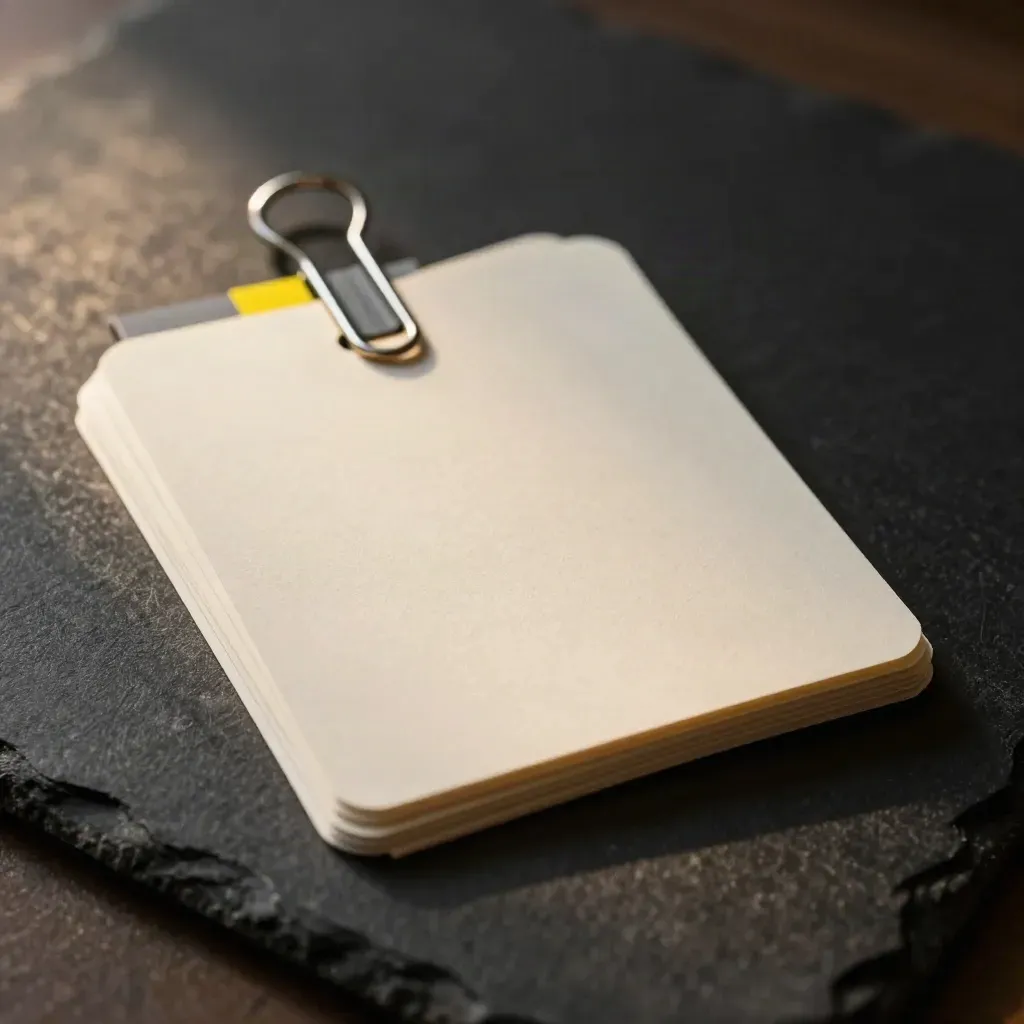 Small fan of blank ad cards with paper clips and graphite strip on a matte-black workbench, lit dramatically.
