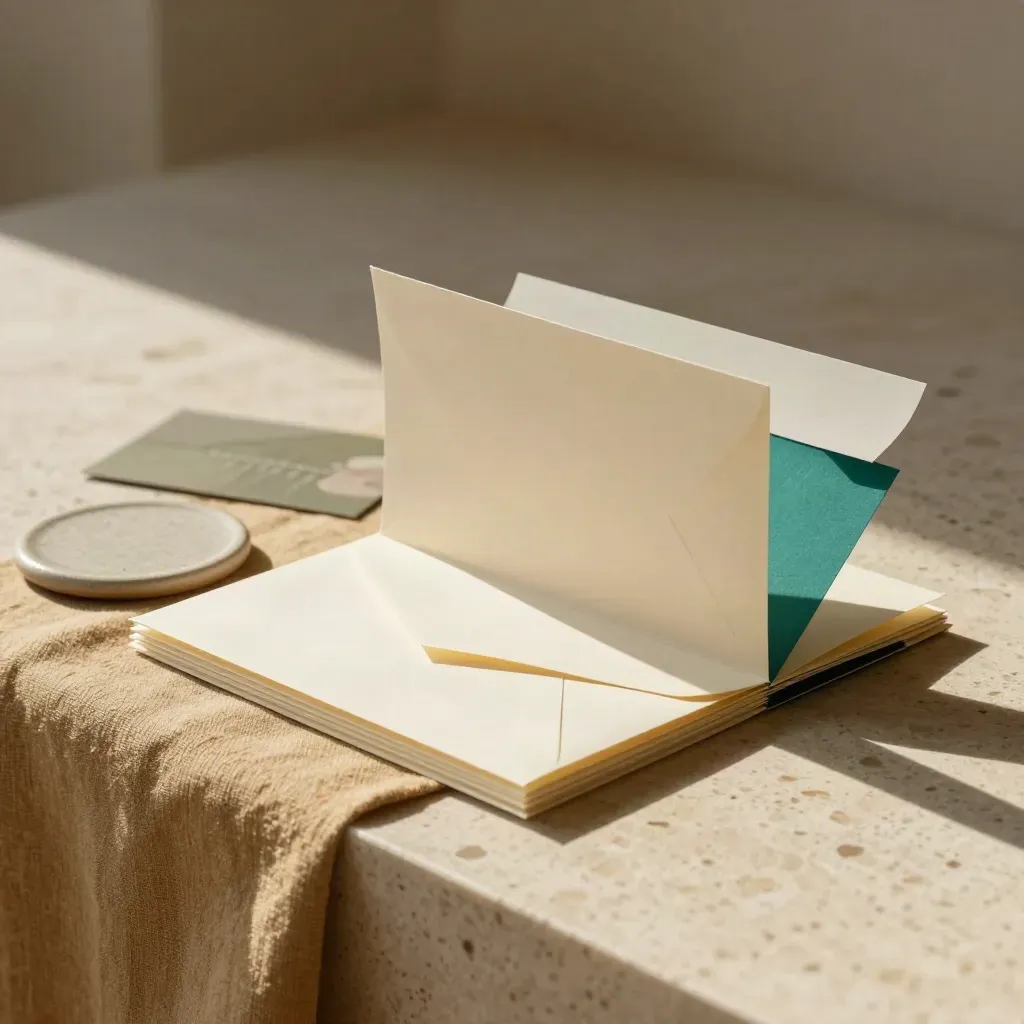 Launch email pack with proof sheets, envelope bands, coaster, and teal accent on travertine